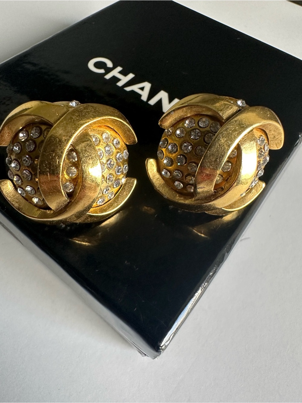 Vintage Chanel Season 23 Gold Tone Crystal CC Dome Clip-On Earrings with Box